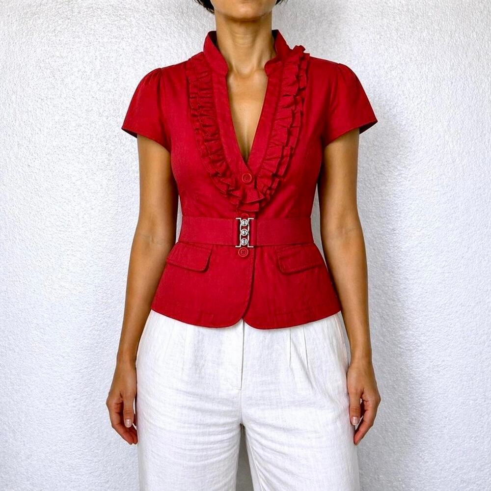 Vintage Y2K Euro Red Ruffle Belted Cotton Blazer Top 2000s Mcbling Size L